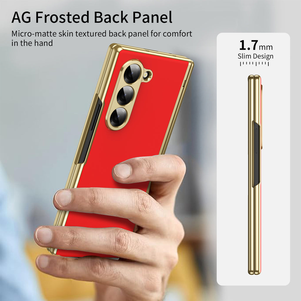 AG Frosted Galaxy Z Fold6 Case: Vacuum-plated matte PC cover with built-in front tempered glass—no film needed. Features all-inclusive hinged protection & auto-rebound springs for drop/shock resistance. Anti-smudge, fingerprint-proof, and scratch-resistant. Available in Sky Blue, Black, Red, Gold, Blue & Purple. Slim, rugged, and built to save your screen and hinge.
