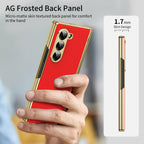 AG Frosted Galaxy Z Fold6 Case: Vacuum-plated matte PC cover with built-in front tempered glass—no film needed. Features all-inclusive hinged protection & auto-rebound springs for drop/shock resistance. Anti-smudge, fingerprint-proof, and scratch-resistant. Available in Sky Blue, Black, Red, Gold, Blue & Purple. Slim, rugged, and built to save your screen and hinge.