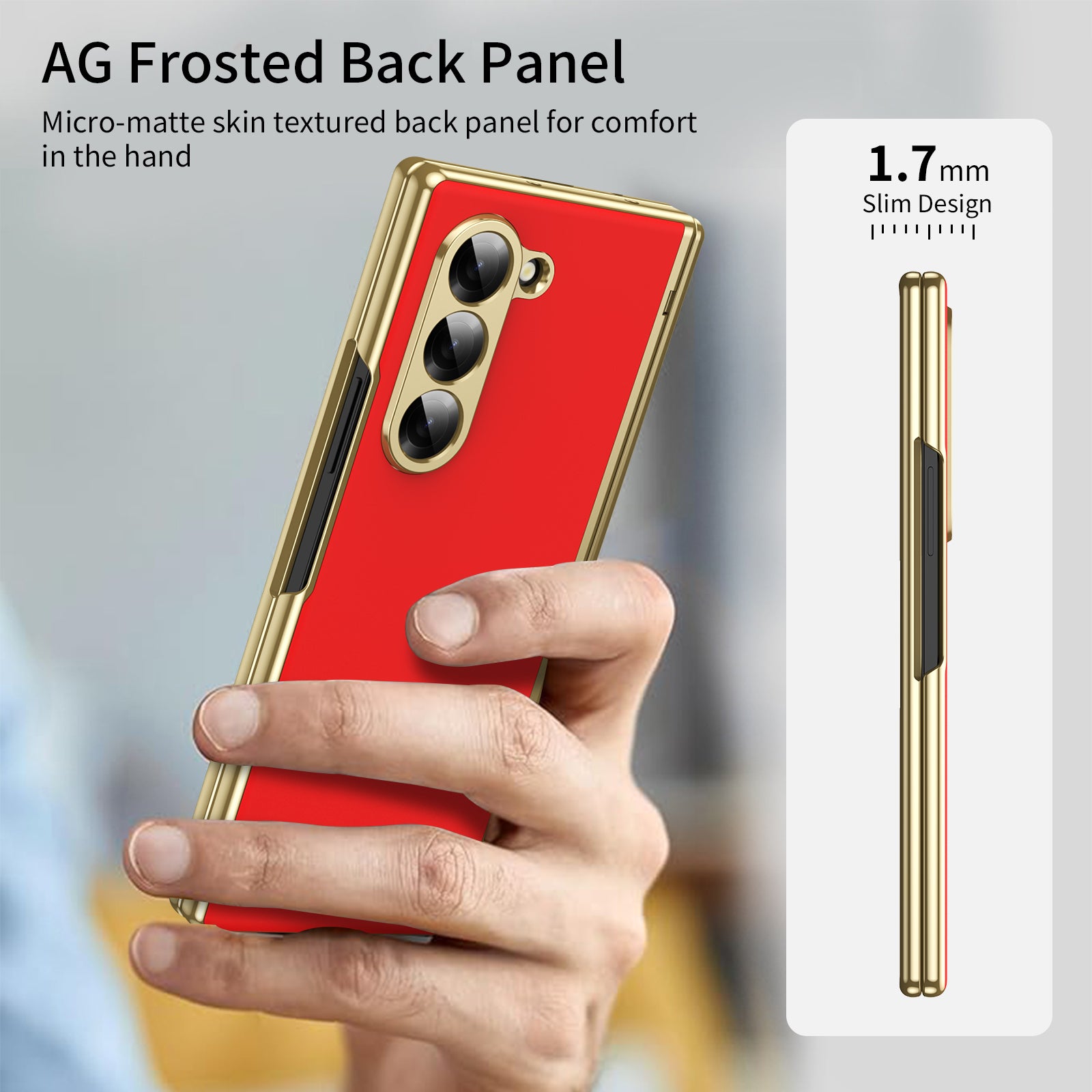 AG Frosted Galaxy Z Fold6 Case: Vacuum-plated matte PC cover with built-in front tempered glass—no film needed. Features all-inclusive hinged protection & auto-rebound springs for drop/shock resistance. Anti-smudge, fingerprint-proof, and scratch-resistant. Available in Sky Blue, Black, Red, Gold, Blue & Purple. Slim, rugged, and built to save your screen and hinge.