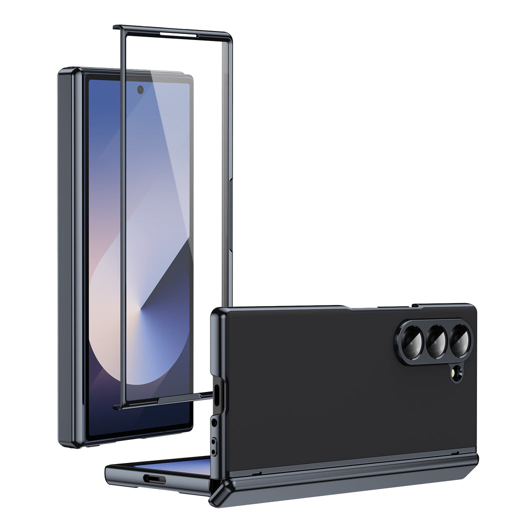 AG Frosted Galaxy Z Fold6 Case: Vacuum-plated matte PC cover with built-in front tempered glass—no film needed. Features all-inclusive hinged protection & auto-rebound springs for drop/shock resistance. Anti-smudge, fingerprint-proof, and scratch-resistant. Available in Sky Blue, Black, Red, Gold, Blue & Purple. Slim, rugged, and built to save your screen and hinge.
