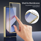 AG Frosted Galaxy Z Fold6 Case: Vacuum-plated matte PC cover with built-in front tempered glass—no film needed. Features all-inclusive hinged protection & auto-rebound springs for drop/shock resistance. Anti-smudge, fingerprint-proof, and scratch-resistant. Available in Sky Blue, Black, Red, Gold, Blue & Purple. Slim, rugged, and built to save your screen and hinge.