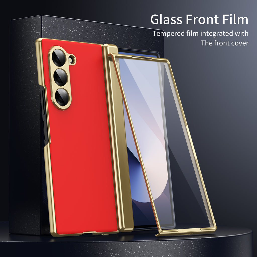 AG Frosted Galaxy Z Fold6 Case: Vacuum-plated matte PC cover with built-in front tempered glass—no film needed. Features all-inclusive hinged protection & auto-rebound springs for drop/shock resistance. Anti-smudge, fingerprint-proof, and scratch-resistant. Available in Sky Blue, Black, Red, Gold, Blue & Purple. Slim, rugged, and built to save your screen and hinge.