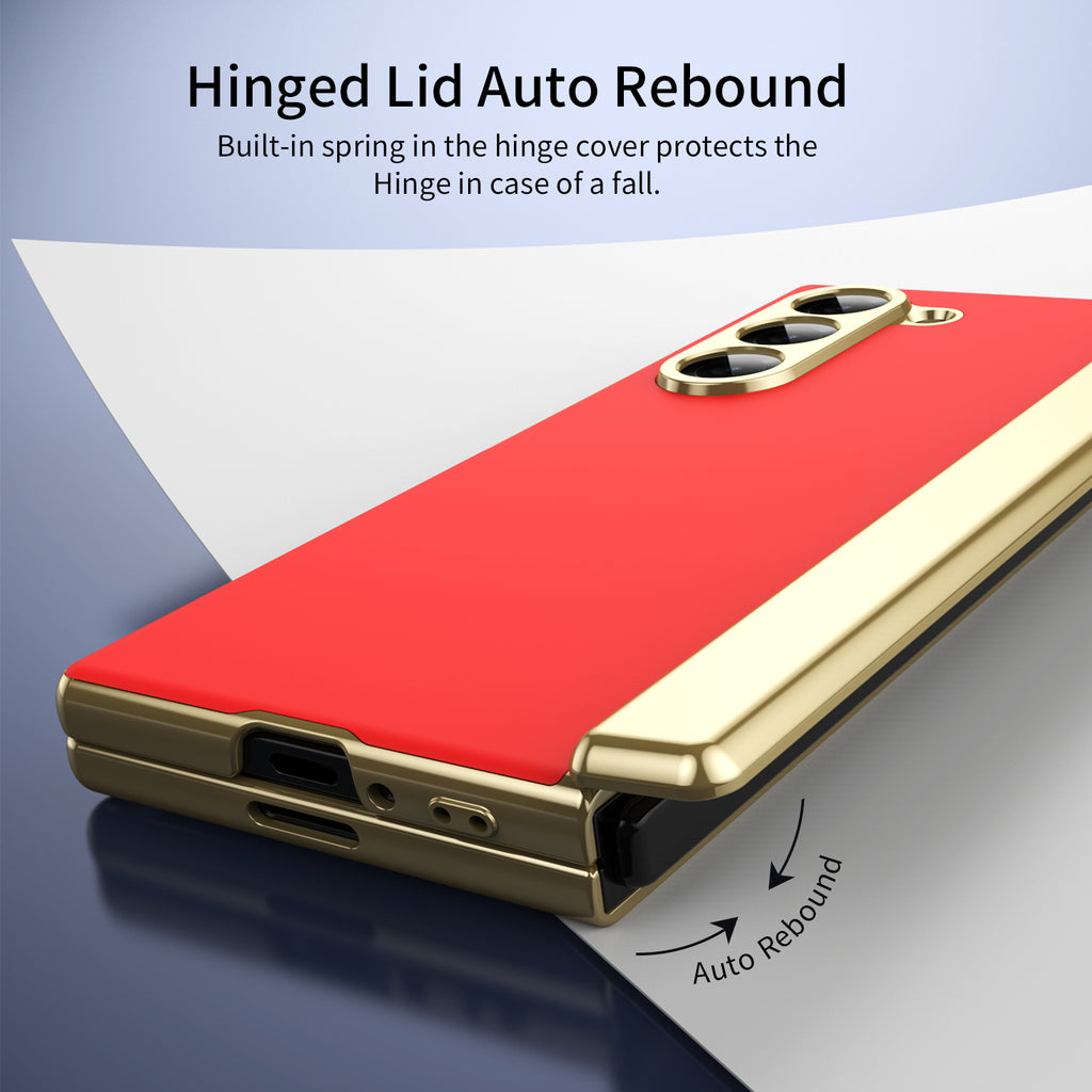 AG Frosted Galaxy Z Fold6 Case: Vacuum-plated matte PC cover with built-in front tempered glass—no film needed. Features all-inclusive hinged protection & auto-rebound springs for drop/shock resistance. Anti-smudge, fingerprint-proof, and scratch-resistant. Available in Sky Blue, Black, Red, Gold, Blue & Purple. Slim, rugged, and built to save your screen and hinge.