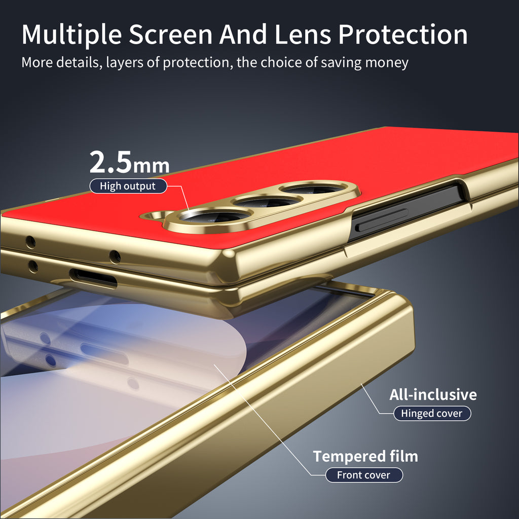 AG Frosted Galaxy Z Fold6 Case: Vacuum-plated matte PC cover with built-in front tempered glass—no film needed. Features all-inclusive hinged protection & auto-rebound springs for drop/shock resistance. Anti-smudge, fingerprint-proof, and scratch-resistant. Available in Sky Blue, Black, Red, Gold, Blue & Purple. Slim, rugged, and built to save your screen and hinge.