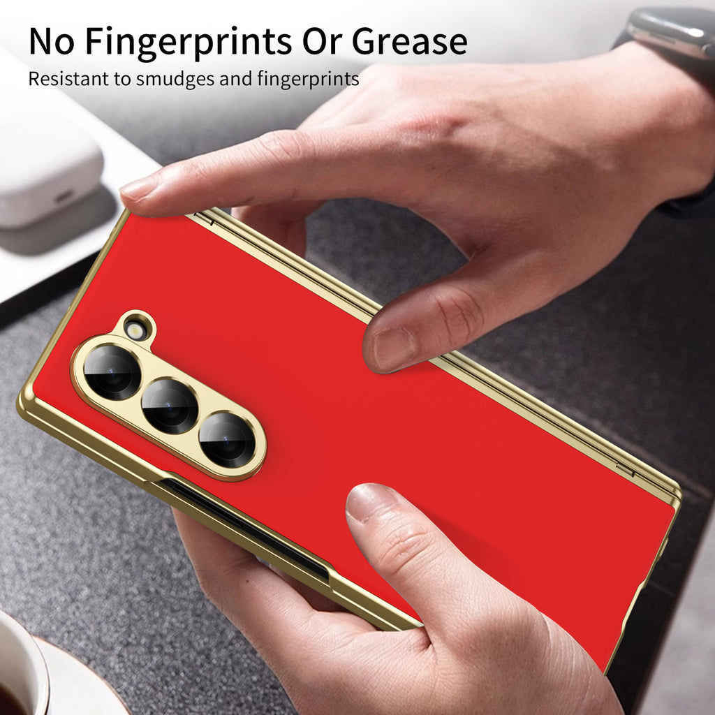 AG Frosted Galaxy Z Fold6 Case: Vacuum-plated matte PC cover with built-in front tempered glass—no film needed. Features all-inclusive hinged protection & auto-rebound springs for drop/shock resistance. Anti-smudge, fingerprint-proof, and scratch-resistant. Available in Sky Blue, Black, Red, Gold, Blue & Purple. Slim, rugged, and built to save your screen and hinge.