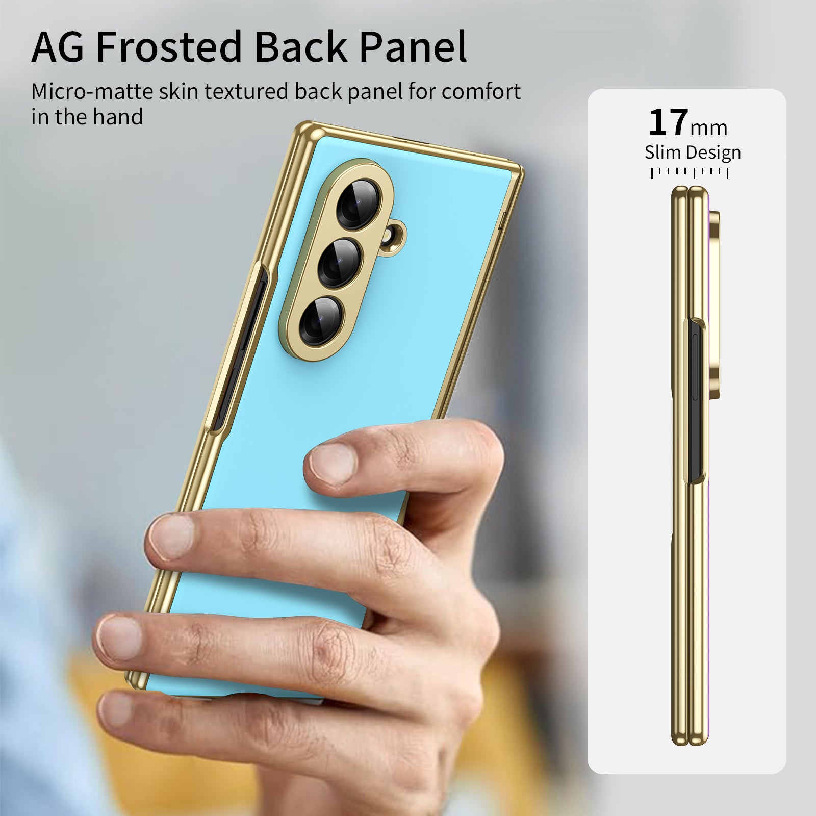 AG Frosted Galaxy Z Fold7 Case: Vacuum-plated matte PC cover with built-in front tempered glass—no film needed. Features all-inclusive hinged protection & auto-rebound springs for drop/shock resistance. Anti-smudge, fingerprint-proof, and scratch-resistant. Available in Sky Blue, Black, Red, Gold, Blue & Purple. Slim, rugged, and built to save your screen and hinge.