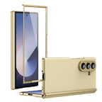 AG Frosted Galaxy Z Fold7 Case: Vacuum-plated matte PC cover with built-in front tempered glass—no film needed. Features all-inclusive hinged protection & auto-rebound springs for drop/shock resistance. Anti-smudge, fingerprint-proof, and scratch-resistant. Available in Sky Blue, Black, Red, Gold, Blue & Purple. Slim, rugged, and built to save your screen and hinge.