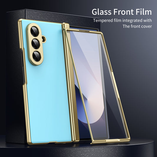 AG Frosted Galaxy Z Fold7 Case: Vacuum-plated matte PC cover with built-in front tempered glass—no film needed. Features all-inclusive hinged protection & auto-rebound springs for drop/shock resistance. Anti-smudge, fingerprint-proof, and scratch-resistant. Available in Sky Blue, Black, Red, Gold, Blue & Purple. Slim, rugged, and built to save your screen and hinge.