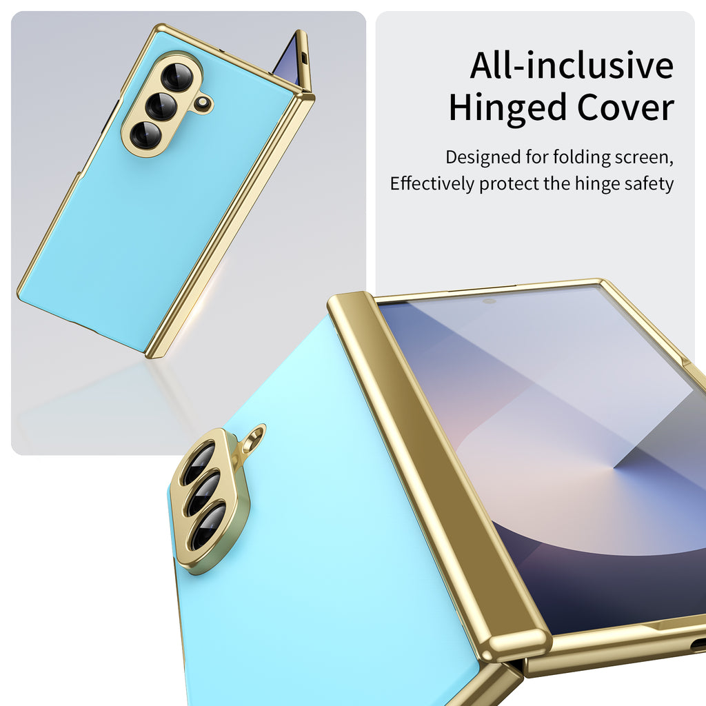 AG Frosted Galaxy Z Fold7 Case: Vacuum-plated matte PC cover with built-in front tempered glass—no film needed. Features all-inclusive hinged protection & auto-rebound springs for drop/shock resistance. Anti-smudge, fingerprint-proof, and scratch-resistant. Available in Sky Blue, Black, Red, Gold, Blue & Purple. Slim, rugged, and built to save your screen and hinge.