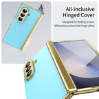 AG Frosted Galaxy Z Fold7 Case: Vacuum-plated matte PC cover with built-in front tempered glass—no film needed. Features all-inclusive hinged protection & auto-rebound springs for drop/shock resistance. Anti-smudge, fingerprint-proof, and scratch-resistant. Available in Sky Blue, Black, Red, Gold, Blue & Purple. Slim, rugged, and built to save your screen and hinge.