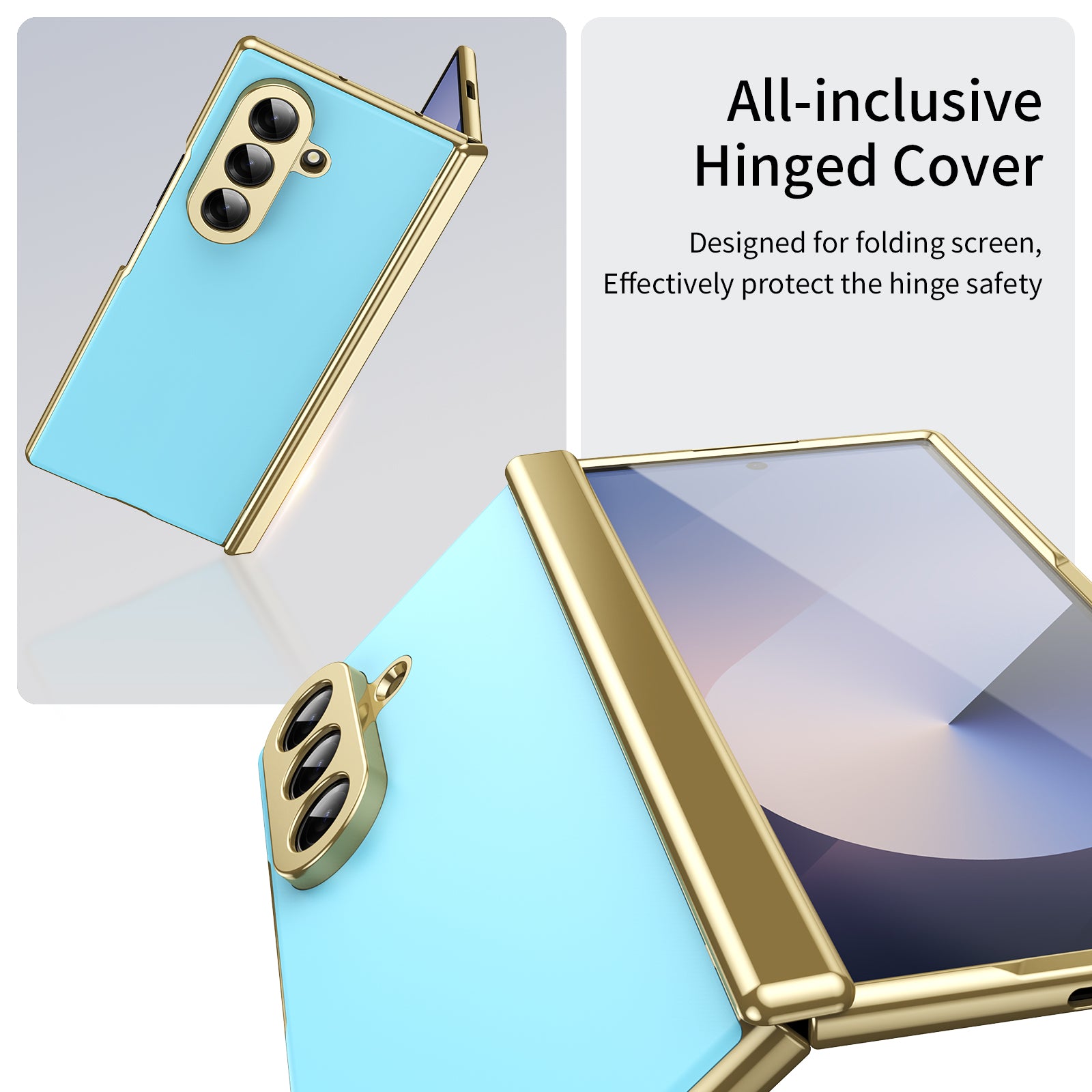 AG Frosted Galaxy Z Fold7 Case: Vacuum-plated matte PC cover with built-in front tempered glass—no film needed. Features all-inclusive hinged protection & auto-rebound springs for drop/shock resistance. Anti-smudge, fingerprint-proof, and scratch-resistant. Available in Sky Blue, Black, Red, Gold, Blue & Purple. Slim, rugged, and built to save your screen and hinge.