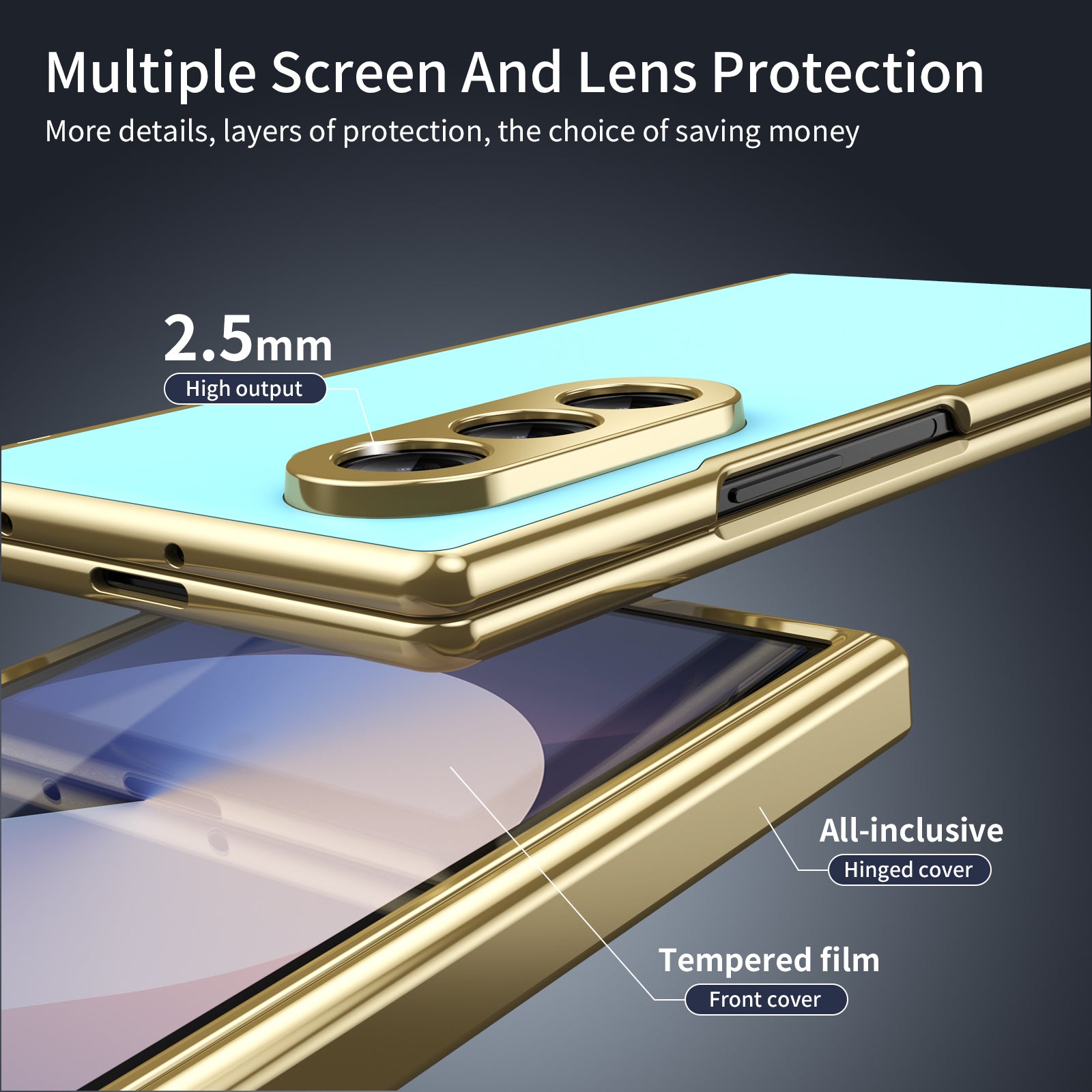 AG Frosted Galaxy Z Fold7 Case: Vacuum-plated matte PC cover with built-in front tempered glass—no film needed. Features all-inclusive hinged protection & auto-rebound springs for drop/shock resistance. Anti-smudge, fingerprint-proof, and scratch-resistant. Available in Sky Blue, Black, Red, Gold, Blue & Purple. Slim, rugged, and built to save your screen and hinge.
