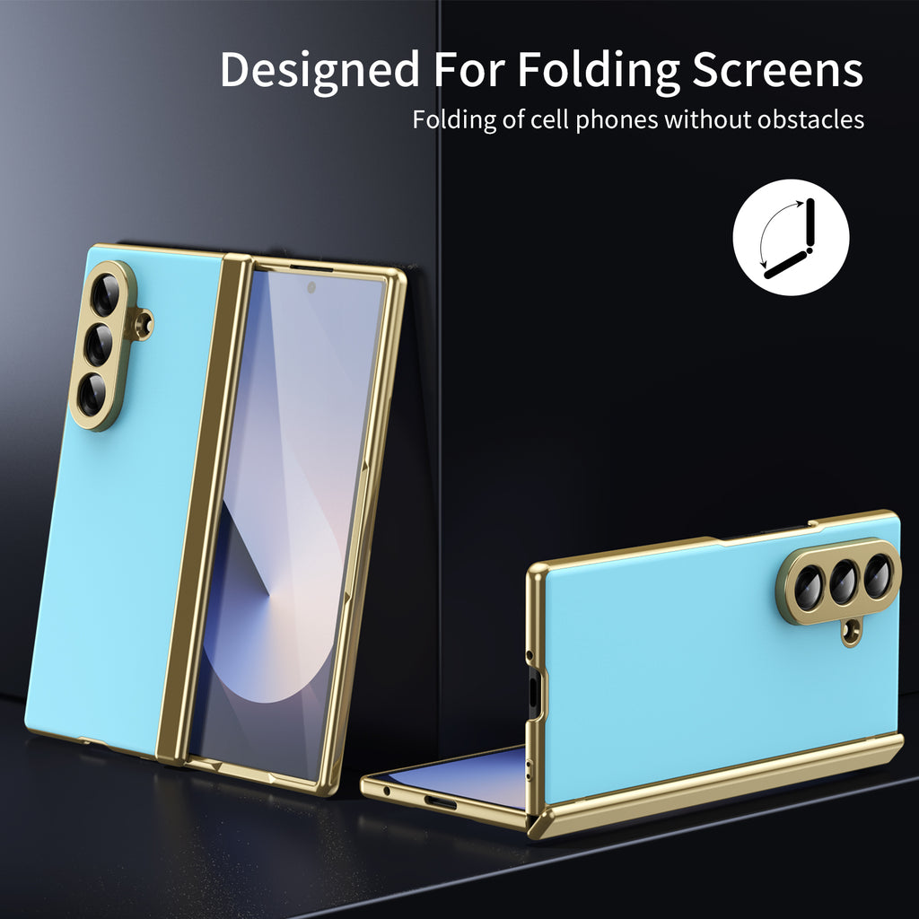 AG Frosted Galaxy Z Fold7 Case: Vacuum-plated matte PC cover with built-in front tempered glass—no film needed. Features all-inclusive hinged protection & auto-rebound springs for drop/shock resistance. Anti-smudge, fingerprint-proof, and scratch-resistant. Available in Sky Blue, Black, Red, Gold, Blue & Purple. Slim, rugged, and built to save your screen and hinge.