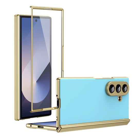 AG Frosted Galaxy Z Fold7 Case: Vacuum-plated matte PC cover with built-in front tempered glass—no film needed. Features all-inclusive hinged protection & auto-rebound springs for drop/shock resistance. Anti-smudge, fingerprint-proof, and scratch-resistant. Available in Sky Blue, Black, Red, Gold, Blue & Purple. Slim, rugged, and built to save your screen and hinge.