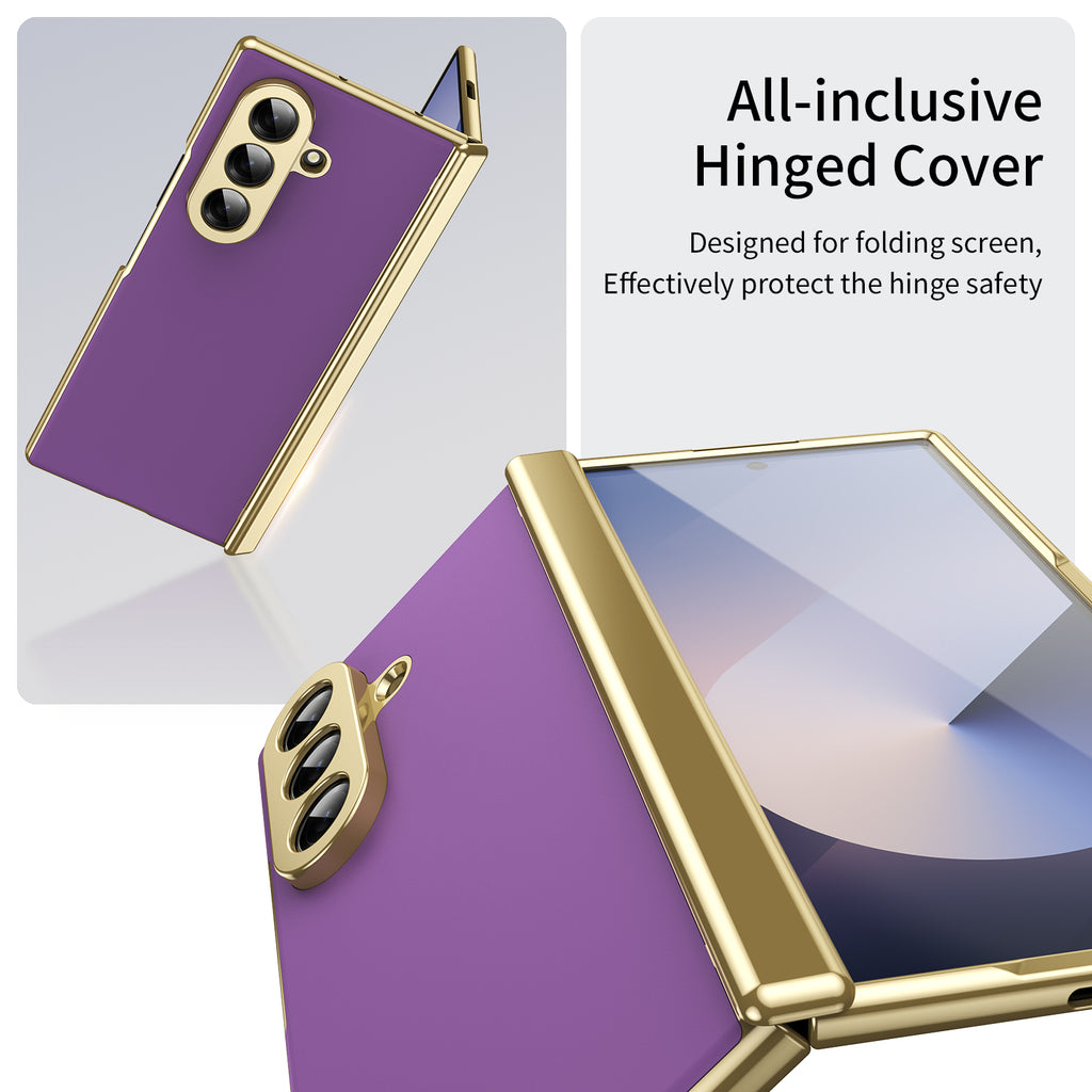 AG Frosted Galaxy Z Fold7 Case: Vacuum-plated matte PC cover with built-in front tempered glass—no film needed. Features all-inclusive hinged protection & auto-rebound springs for drop/shock resistance. Anti-smudge, fingerprint-proof, and scratch-resistant. Available in Sky Blue, Black, Red, Gold, Blue & Purple. Slim, rugged, and built to save your screen and hinge.