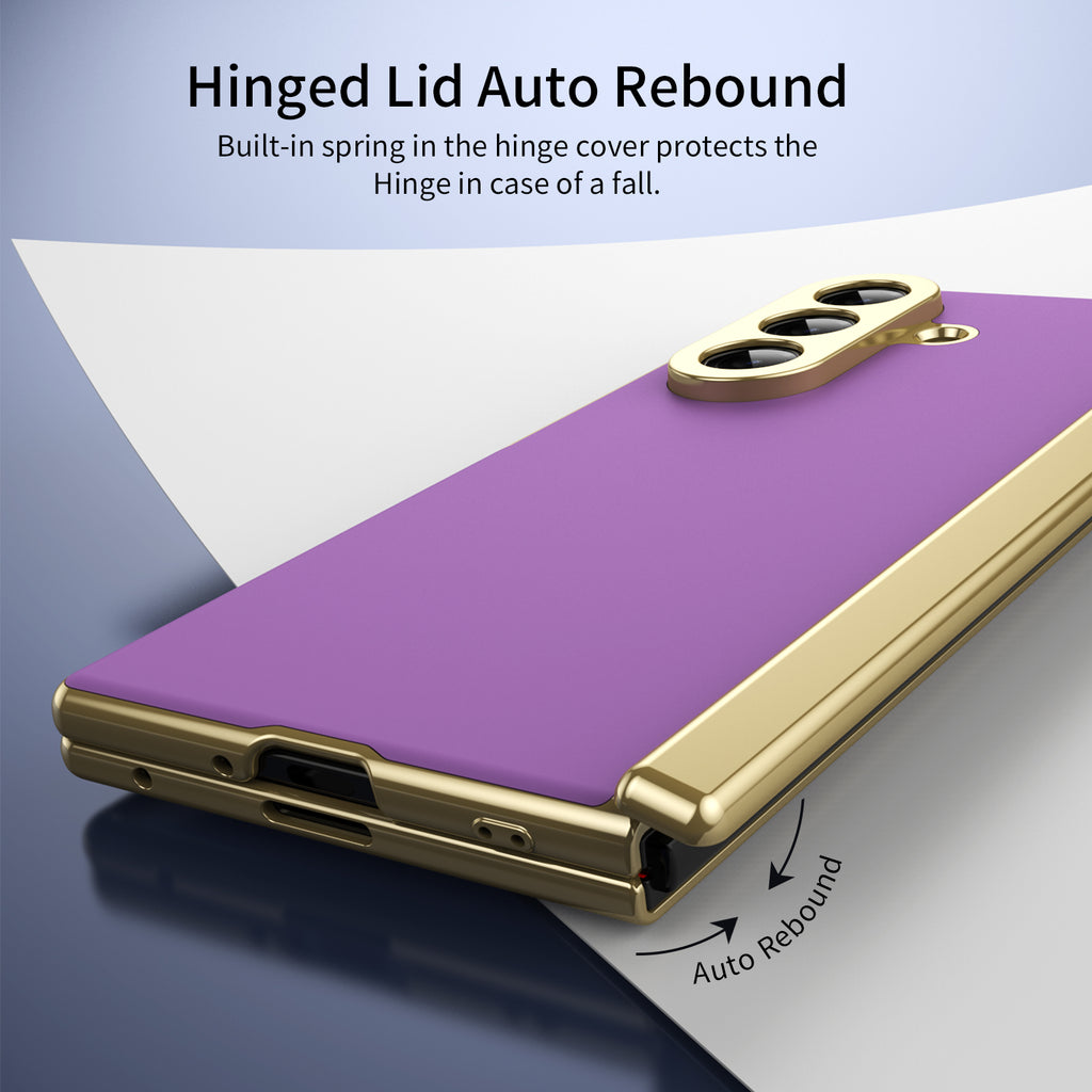 AG Frosted Galaxy Z Fold7 Case: Vacuum-plated matte PC cover with built-in front tempered glass—no film needed. Features all-inclusive hinged protection & auto-rebound springs for drop/shock resistance. Anti-smudge, fingerprint-proof, and scratch-resistant. Available in Sky Blue, Black, Red, Gold, Blue & Purple. Slim, rugged, and built to save your screen and hinge.