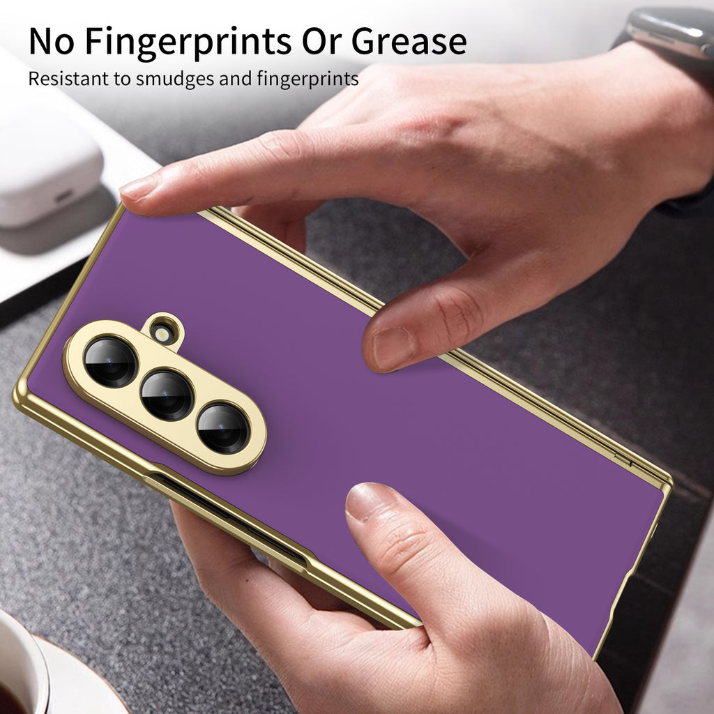 AG Frosted Galaxy Z Fold7 Case: Vacuum-plated matte PC cover with built-in front tempered glass—no film needed. Features all-inclusive hinged protection & auto-rebound springs for drop/shock resistance. Anti-smudge, fingerprint-proof, and scratch-resistant. Available in Sky Blue, Black, Red, Gold, Blue & Purple. Slim, rugged, and built to save your screen and hinge.