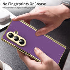 AG Frosted Galaxy Z Fold7 Case: Vacuum-plated matte PC cover with built-in front tempered glass—no film needed. Features all-inclusive hinged protection & auto-rebound springs for drop/shock resistance. Anti-smudge, fingerprint-proof, and scratch-resistant. Available in Sky Blue, Black, Red, Gold, Blue & Purple. Slim, rugged, and built to save your screen and hinge.