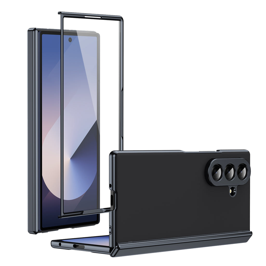 AG Frosted Galaxy Z Fold7 Case: Vacuum-plated matte PC cover with built-in front tempered glass—no film needed. Features all-inclusive hinged protection & auto-rebound springs for drop/shock resistance. Anti-smudge, fingerprint-proof, and scratch-resistant. Available in Sky Blue, Black, Red, Gold, Blue & Purple. Slim, rugged, and built to save your screen and hinge.