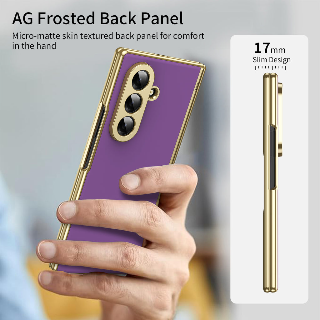 AG Frosted Galaxy Z Fold7 Case: Vacuum-plated matte PC cover with built-in front tempered glass—no film needed. Features all-inclusive hinged protection & auto-rebound springs for drop/shock resistance. Anti-smudge, fingerprint-proof, and scratch-resistant. Available in Sky Blue, Black, Red, Gold, Blue & Purple. Slim, rugged, and built to save your screen and hinge.