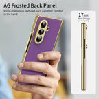 AG Frosted Galaxy Z Fold7 Case: Vacuum-plated matte PC cover with built-in front tempered glass—no film needed. Features all-inclusive hinged protection & auto-rebound springs for drop/shock resistance. Anti-smudge, fingerprint-proof, and scratch-resistant. Available in Sky Blue, Black, Red, Gold, Blue & Purple. Slim, rugged, and built to save your screen and hinge.