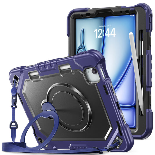 The Commander Series ultra-rugged case fits iPad Air 4th Gen 10.9-inch (2020). Features a 360° rotating kickstand, non-slip handle grip, and detachable crossbody strap. Built with PC+TPU armor for drop resistance. Supports bulk wholesale orders.