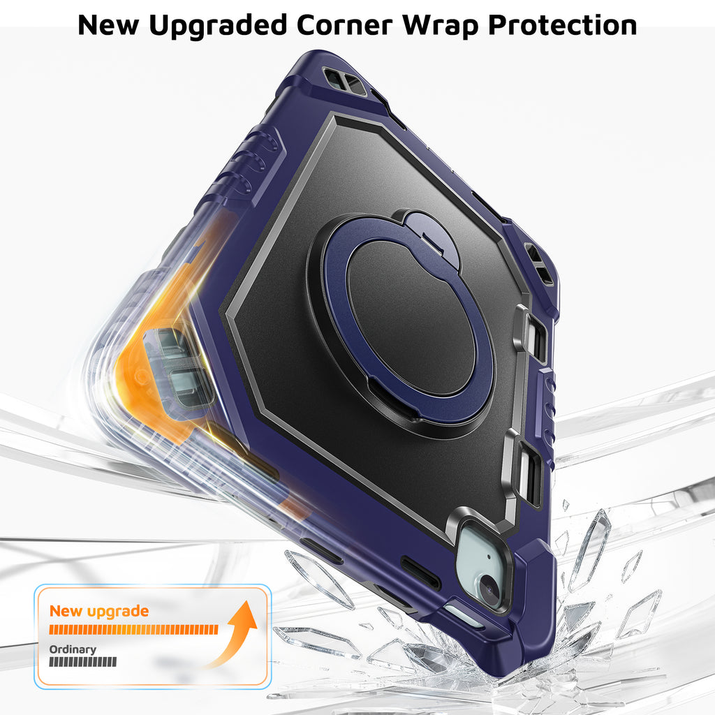 The Commander Series ultra-rugged case fits iPad Air 4th Gen 10.9-inch (2020). Features a 360° rotating kickstand, non-slip handle grip, and detachable crossbody strap. Built with PC+TPU armor for drop resistance. Supports bulk wholesale orders.