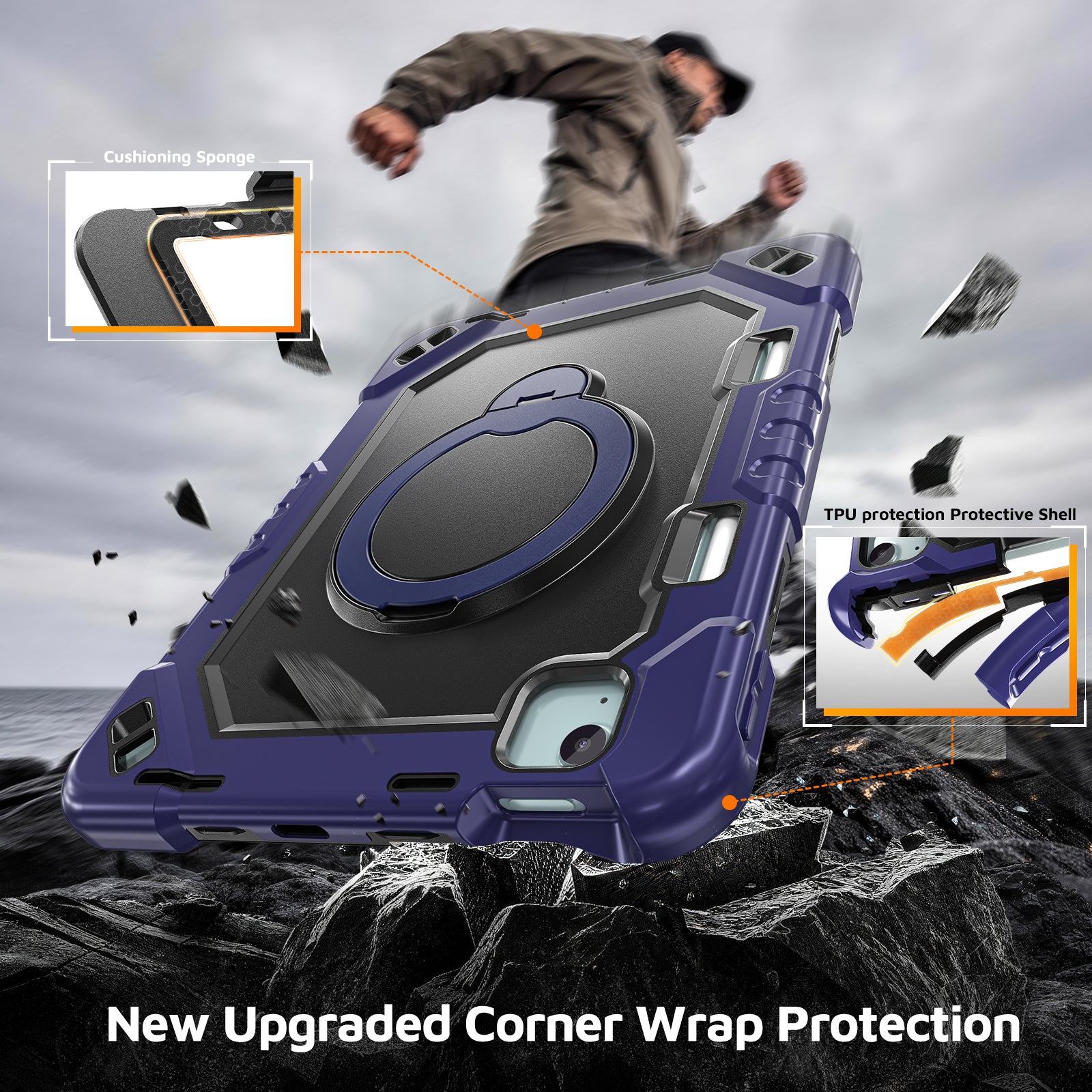 The Commander Series ultra-rugged case fits iPad Air 4th Gen 10.9-inch (2020). Features a 360° rotating kickstand, non-slip handle grip, and detachable crossbody strap. Built with PC+TPU armor for drop resistance. Supports bulk wholesale orders.