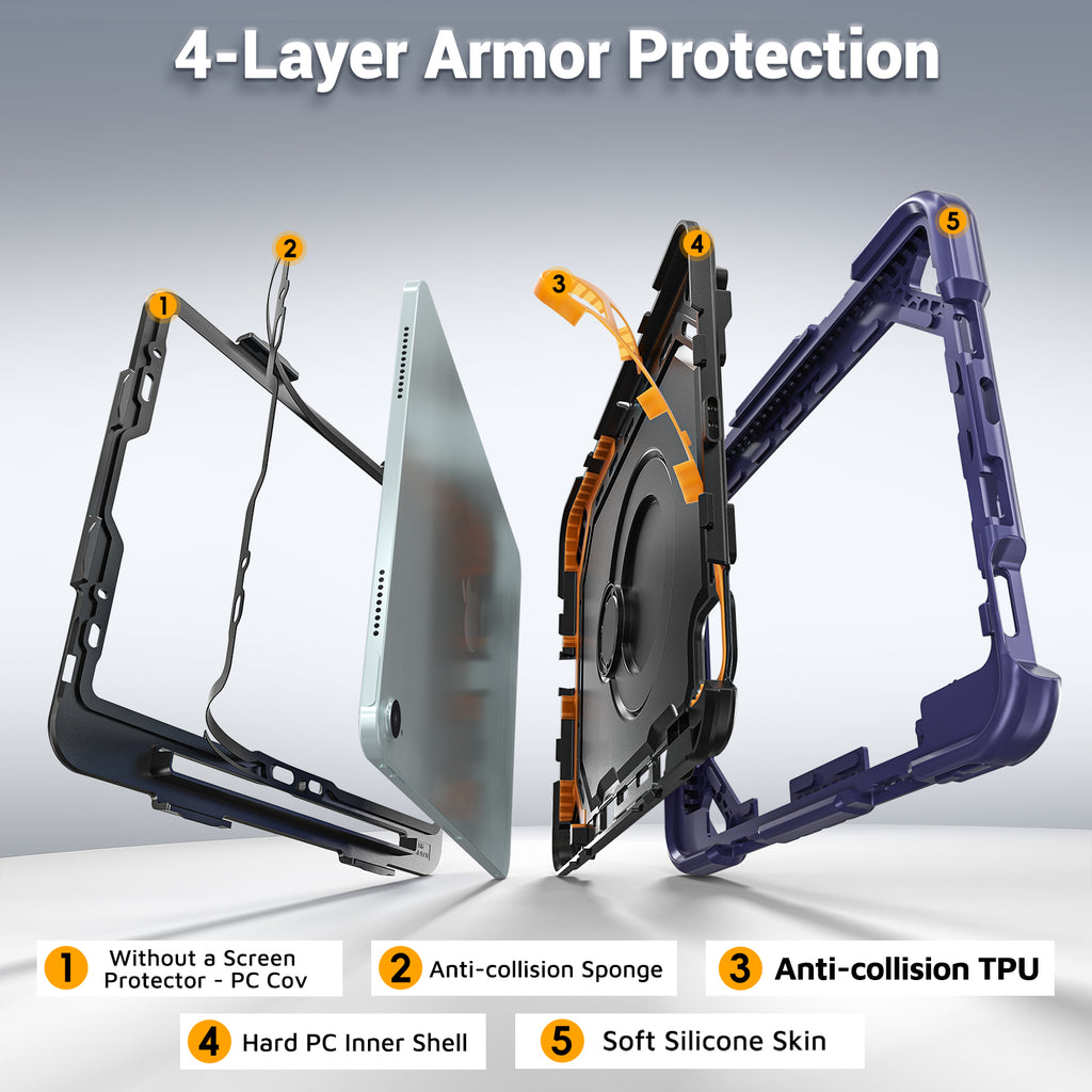 The Commander Series ultra-rugged case fits iPad Air 4th Gen 10.9-inch (2020). Features a 360° rotating kickstand, non-slip handle grip, and detachable crossbody strap. Built with PC+TPU armor for drop resistance. Supports bulk wholesale orders.