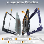 The Commander Series ultra-rugged case fits iPad Air 4th Gen 10.9-inch (2020). Features a 360° rotating kickstand, non-slip handle grip, and detachable crossbody strap. Built with PC+TPU armor for drop resistance. Supports bulk wholesale orders.