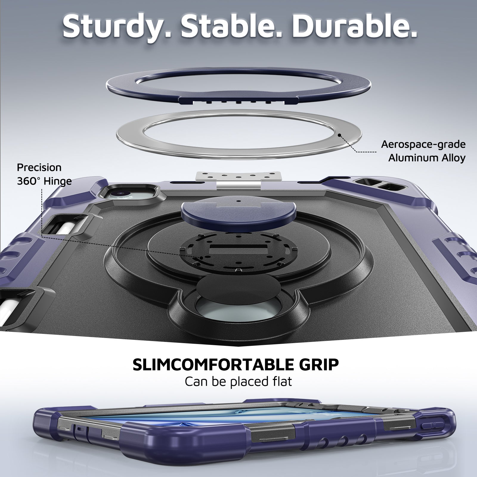 The Commander Series ultra-rugged case fits iPad Air 4th Gen 10.9-inch (2020). Features a 360° rotating kickstand, non-slip handle grip, and detachable crossbody strap. Built with PC+TPU armor for drop resistance. Supports bulk wholesale orders.