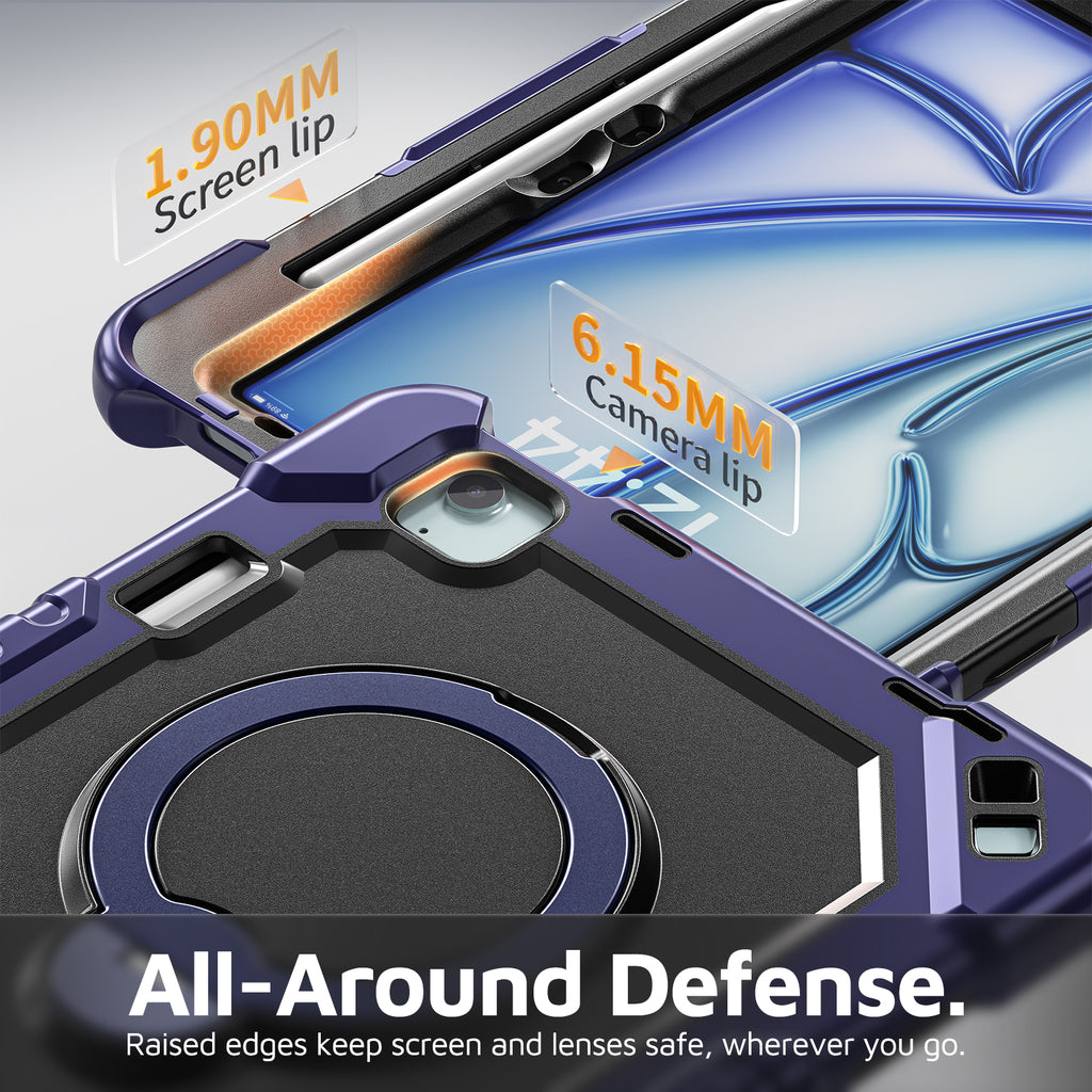 The Commander Series ultra-rugged case fits iPad Air 4th Gen 10.9-inch (2020). Features a 360° rotating kickstand, non-slip handle grip, and detachable crossbody strap. Built with PC+TPU armor for drop resistance. Supports bulk wholesale orders.