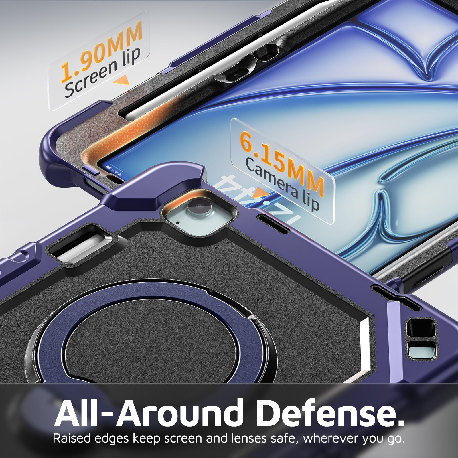 The Commander Series ultra-rugged case fits iPad Air 4th Gen 10.9-inch (2020). Features a 360° rotating kickstand, non-slip handle grip, and detachable crossbody strap. Built with PC+TPU armor for drop resistance. Supports bulk wholesale orders.