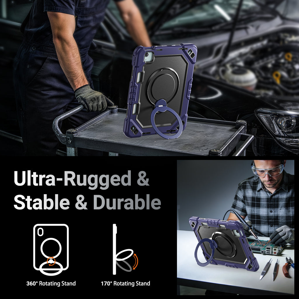 The Commander Series ultra-rugged case fits iPad Air 4th Gen 10.9-inch (2020). Features a 360° rotating kickstand, non-slip handle grip, and detachable crossbody strap. Built with PC+TPU armor for drop resistance. Supports bulk wholesale orders.