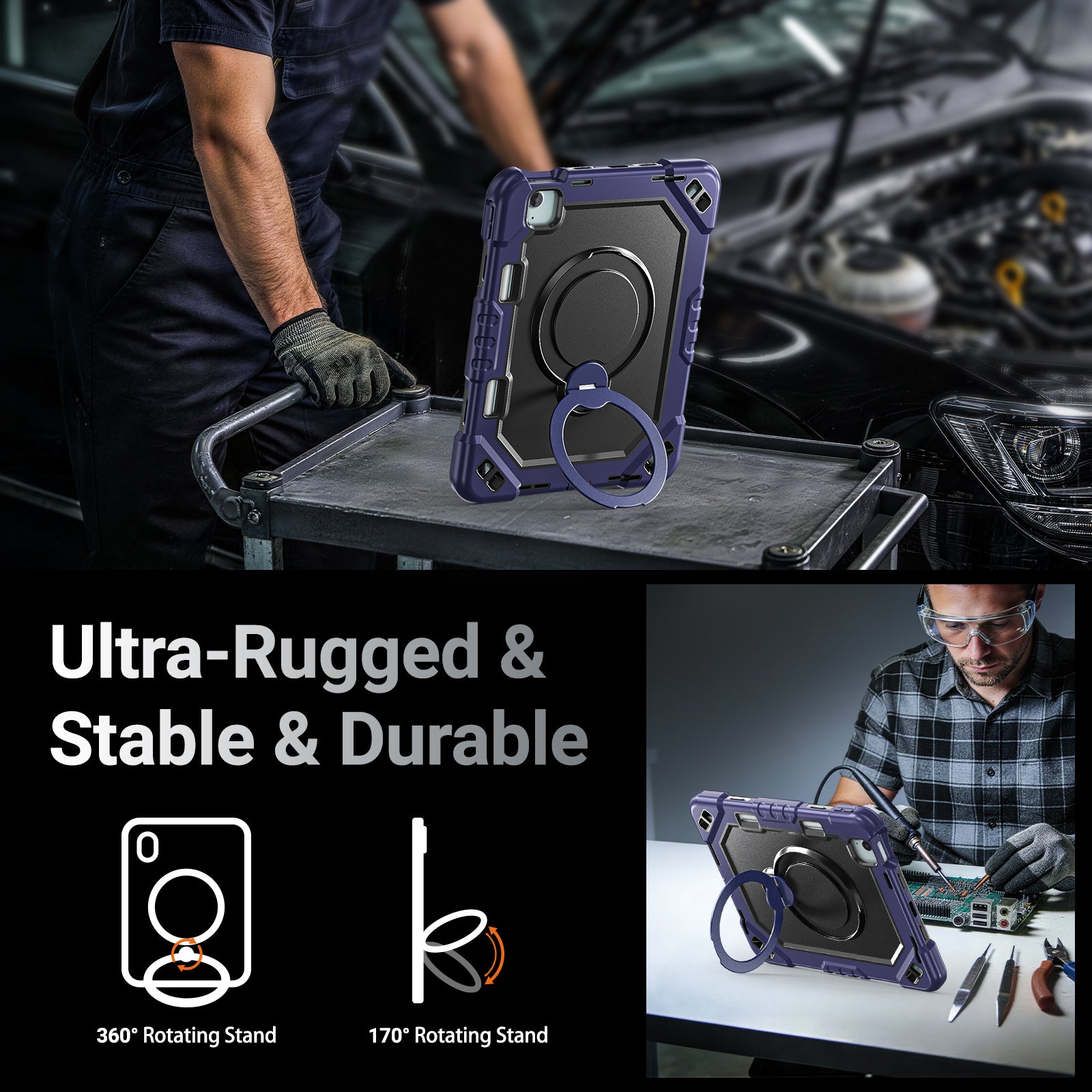 The Commander Series ultra-rugged case fits iPad Air 4th Gen 10.9-inch (2020). Features a 360° rotating kickstand, non-slip handle grip, and detachable crossbody strap. Built with PC+TPU armor for drop resistance. Supports bulk wholesale orders.