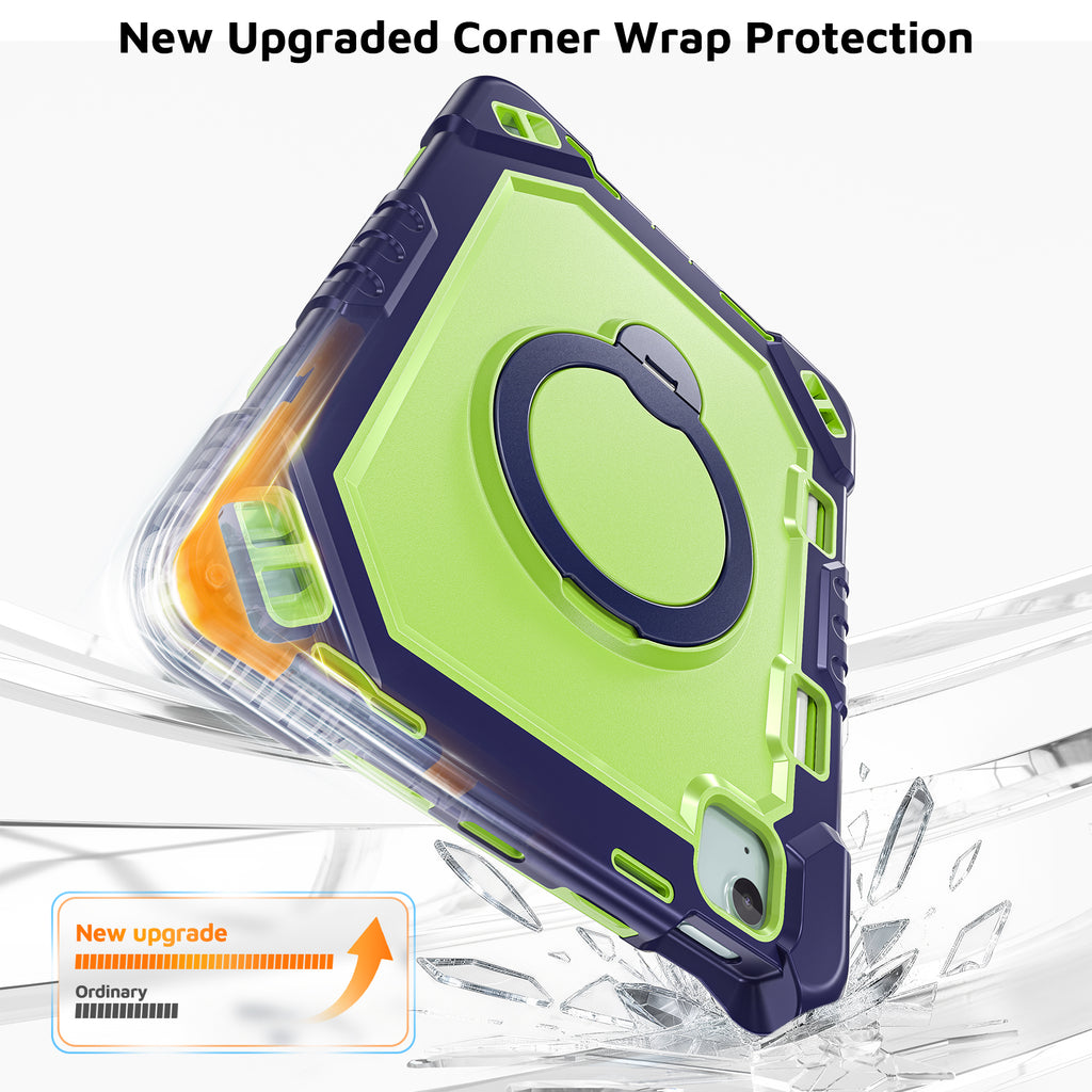 The Commander Series ultra-rugged case fits iPad Air 5th Gen 10.9-inch (2022). Features a 360° rotating kickstand, non-slip handle grip, and detachable crossbody strap. Built with PC+TPU armor for drop resistance. Supports bulk wholesale orders.