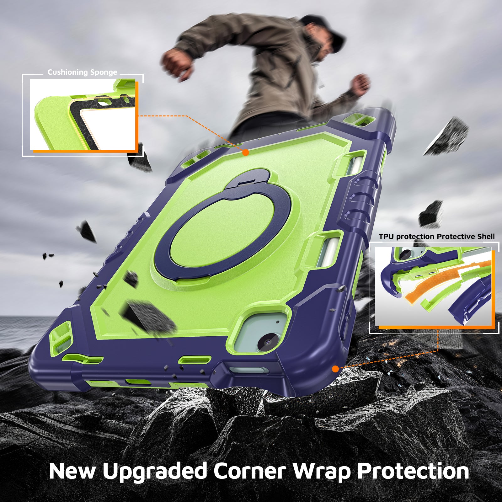 The Commander Series ultra-rugged case fits iPad Air 5th Gen 10.9-inch (2022). Features a 360° rotating kickstand, non-slip handle grip, and detachable crossbody strap. Built with PC+TPU armor for drop resistance. Supports bulk wholesale orders.