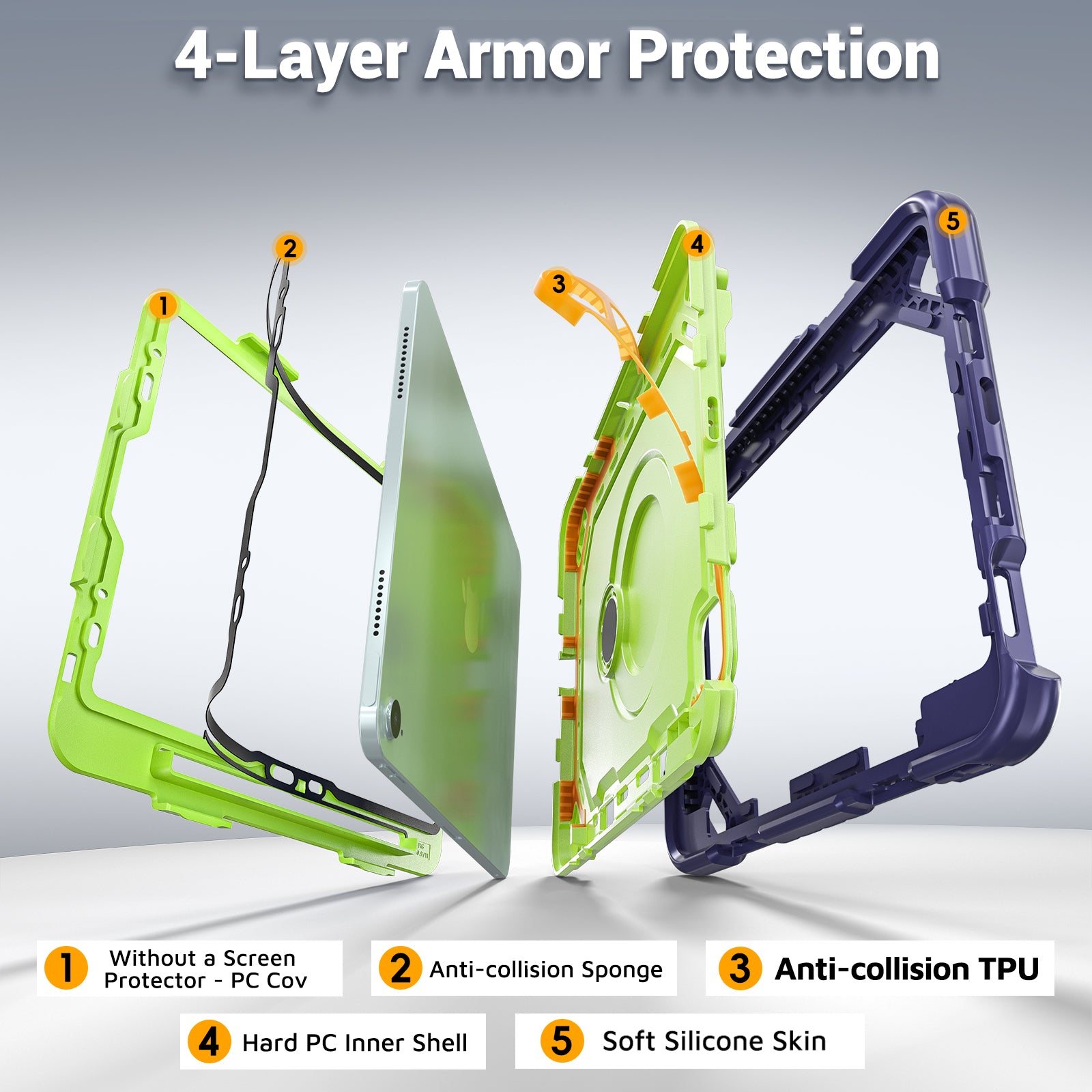 The Commander Series ultra-rugged case fits iPad Air 5th Gen 10.9-inch (2022). Features a 360° rotating kickstand, non-slip handle grip, and detachable crossbody strap. Built with PC+TPU armor for drop resistance. Supports bulk wholesale orders.
