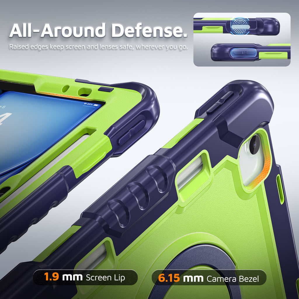 The Commander Series ultra-rugged case fits iPad Air 5th Gen 10.9-inch (2022). Features a 360° rotating kickstand, non-slip handle grip, and detachable crossbody strap. Built with PC+TPU armor for drop resistance. Supports bulk wholesale orders.