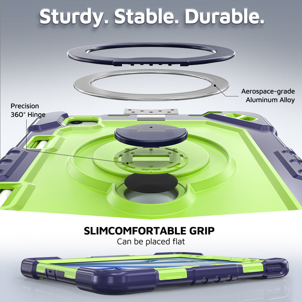 The Commander Series ultra-rugged case fits iPad Air 5th Gen 10.9-inch (2022). Features a 360° rotating kickstand, non-slip handle grip, and detachable crossbody strap. Built with PC+TPU armor for drop resistance. Supports bulk wholesale orders.