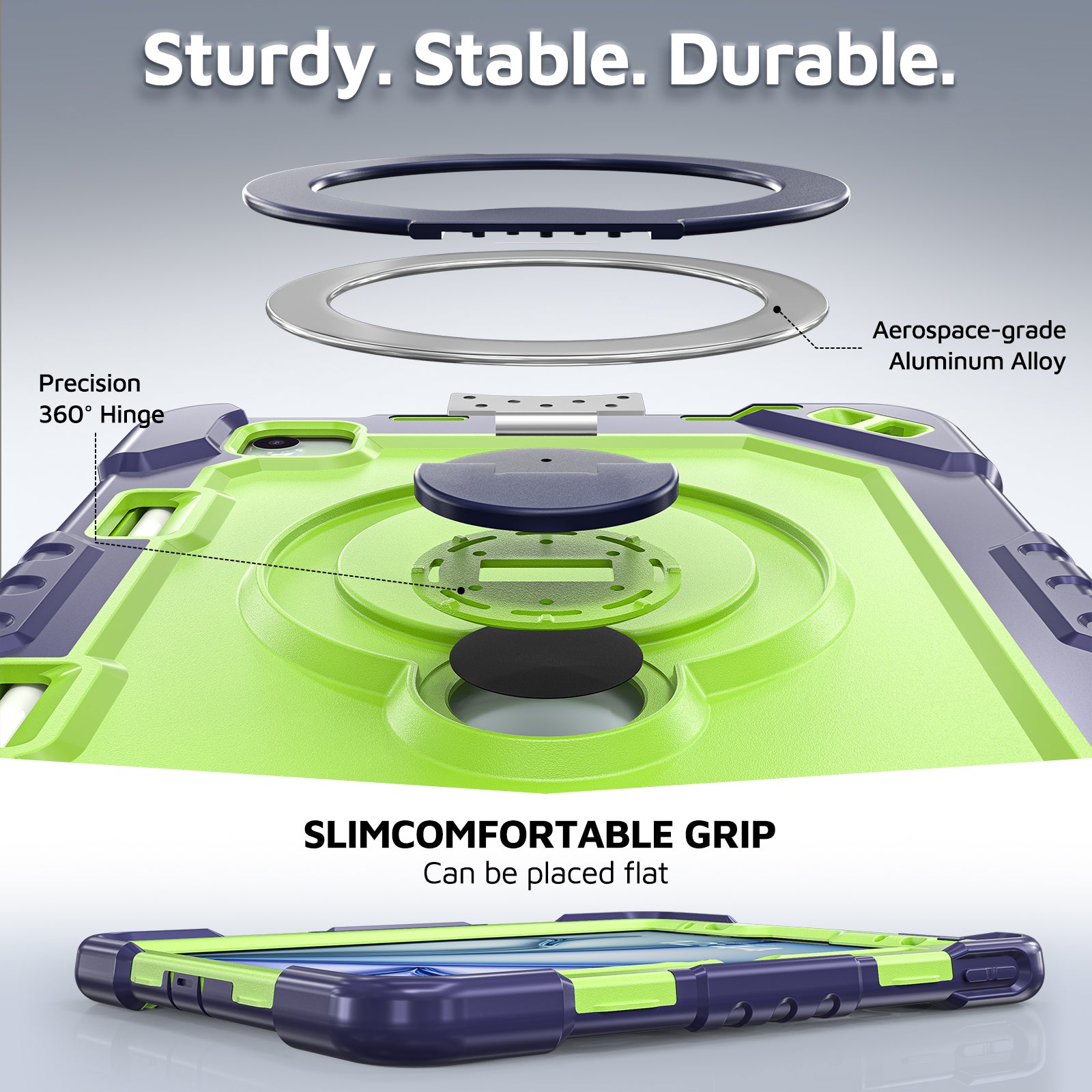 The Commander Series ultra-rugged case fits iPad Air 5th Gen 10.9-inch (2022). Features a 360° rotating kickstand, non-slip handle grip, and detachable crossbody strap. Built with PC+TPU armor for drop resistance. Supports bulk wholesale orders.