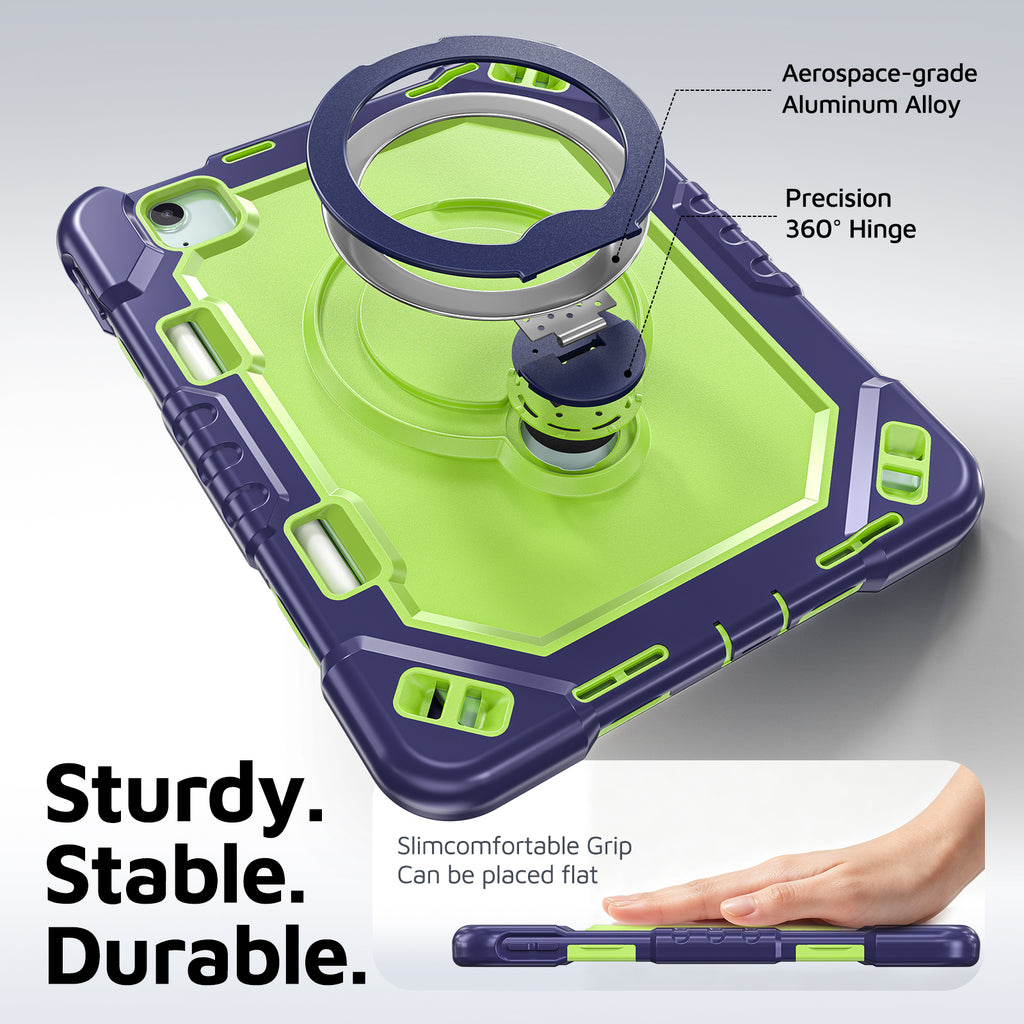 The Commander Series ultra-rugged case fits iPad Air 5th Gen 10.9-inch (2022). Features a 360° rotating kickstand, non-slip handle grip, and detachable crossbody strap. Built with PC+TPU armor for drop resistance. Supports bulk wholesale orders.