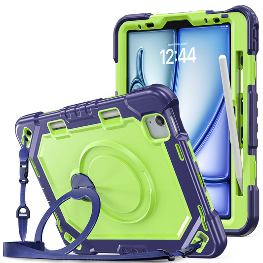 The Commander Series ultra-rugged case fits iPad Air 5th Gen 10.9-inch (2022). Features a 360° rotating kickstand, non-slip handle grip, and detachable crossbody strap. Built with PC+TPU armor for drop resistance. Supports bulk wholesale orders.
