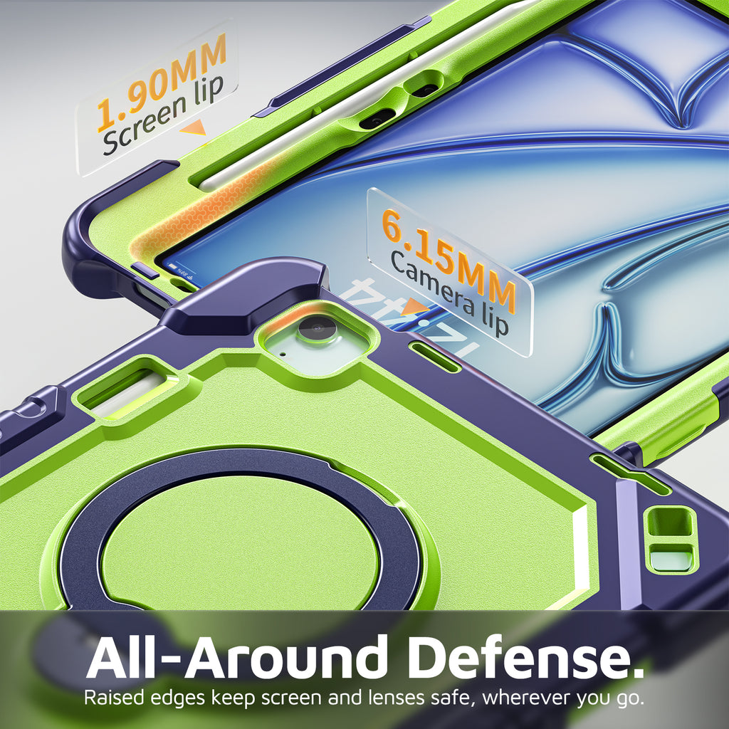 The Commander Series ultra-rugged case fits iPad Air 5th Gen 10.9-inch (2022). Features a 360° rotating kickstand, non-slip handle grip, and detachable crossbody strap. Built with PC+TPU armor for drop resistance. Supports bulk wholesale orders.