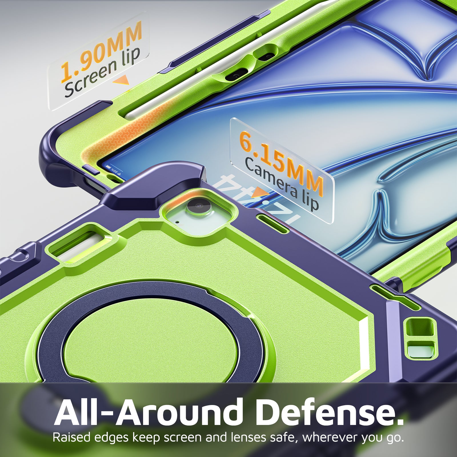 The Commander Series ultra-rugged case fits iPad Air 5th Gen 10.9-inch (2022). Features a 360° rotating kickstand, non-slip handle grip, and detachable crossbody strap. Built with PC+TPU armor for drop resistance. Supports bulk wholesale orders.