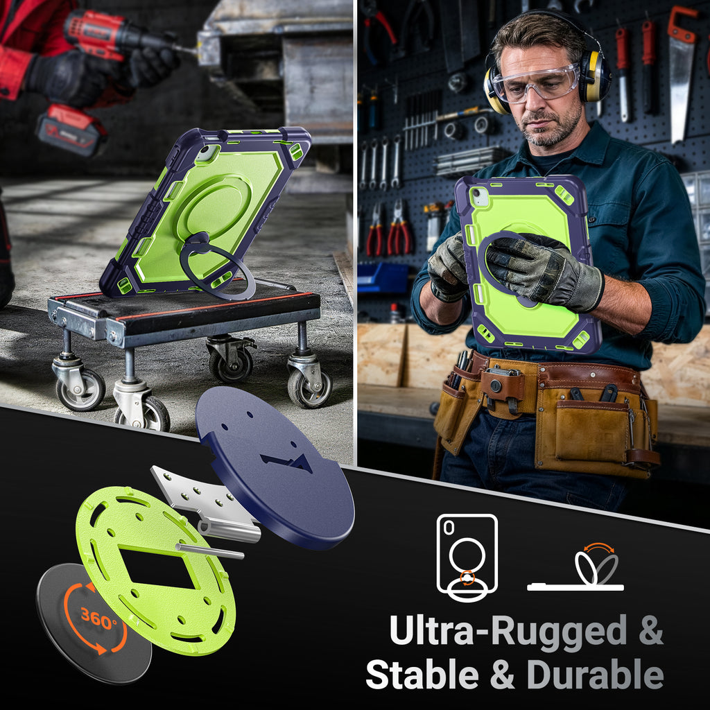 The Commander Series ultra-rugged case fits iPad Air 5th Gen 10.9-inch (2022). Features a 360° rotating kickstand, non-slip handle grip, and detachable crossbody strap. Built with PC+TPU armor for drop resistance. Supports bulk wholesale orders.