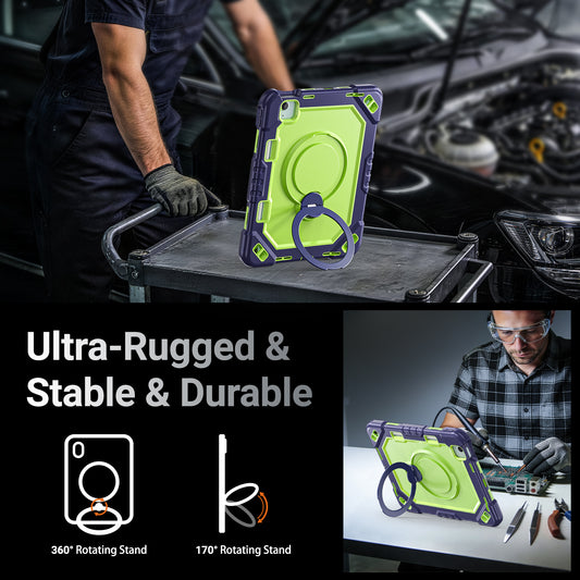 The Commander Series ultra-rugged case fits iPad Air 5th Gen 10.9-inch (2022). Features a 360° rotating kickstand, non-slip handle grip, and detachable crossbody strap. Built with PC+TPU armor for drop resistance. Supports bulk wholesale orders.