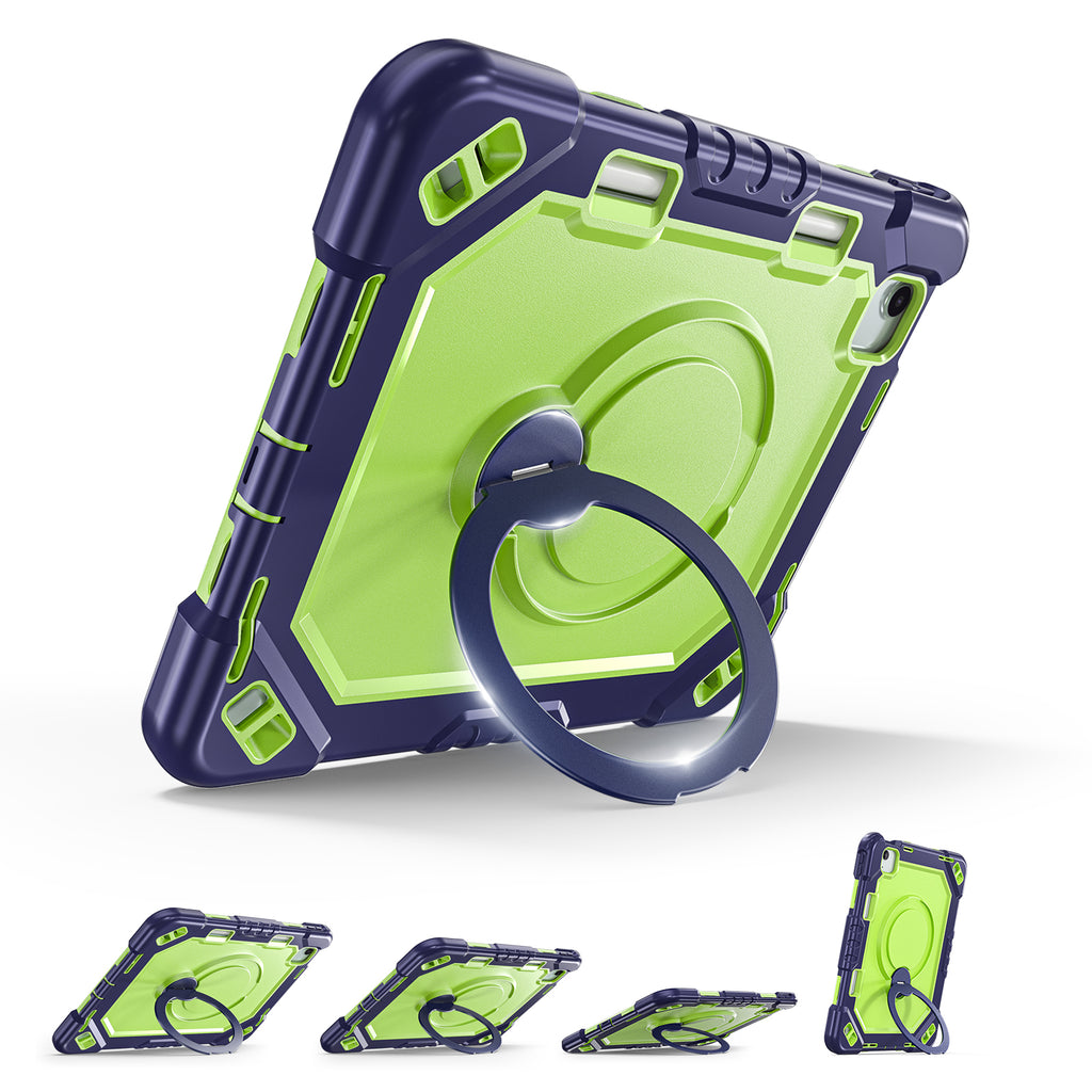 The Commander Series ultra-rugged case fits iPad Air 5th Gen 10.9-inch (2022). Features a 360° rotating kickstand, non-slip handle grip, and detachable crossbody strap. Built with PC+TPU armor for drop resistance. Supports bulk wholesale orders.
