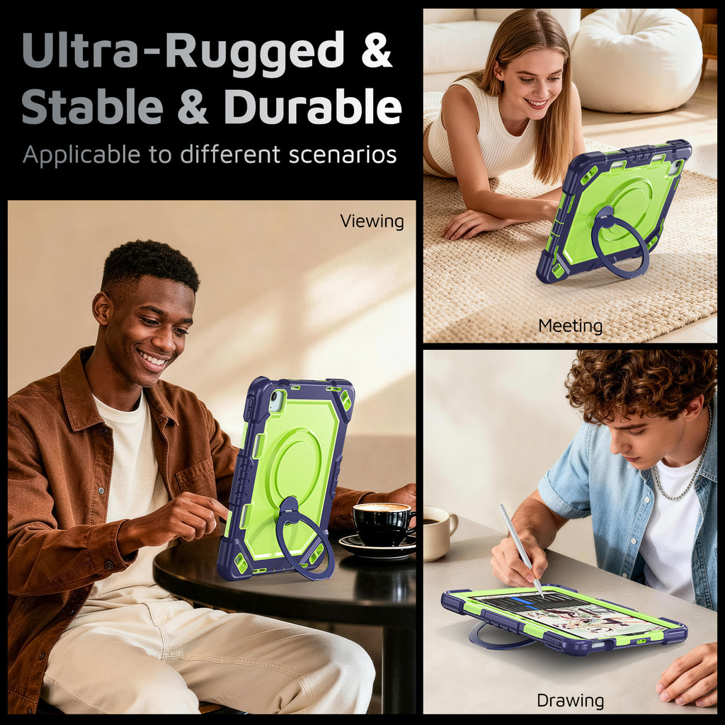 The Commander Series ultra-rugged case fits iPad Air 5th Gen 10.9-inch (2022). Features a 360° rotating kickstand, non-slip handle grip, and detachable crossbody strap. Built with PC+TPU armor for drop resistance. Supports bulk wholesale orders.