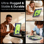 The Commander Series ultra-rugged case fits iPad Air 5th Gen 10.9-inch (2022). Features a 360° rotating kickstand, non-slip handle grip, and detachable crossbody strap. Built with PC+TPU armor for drop resistance. Supports bulk wholesale orders.
